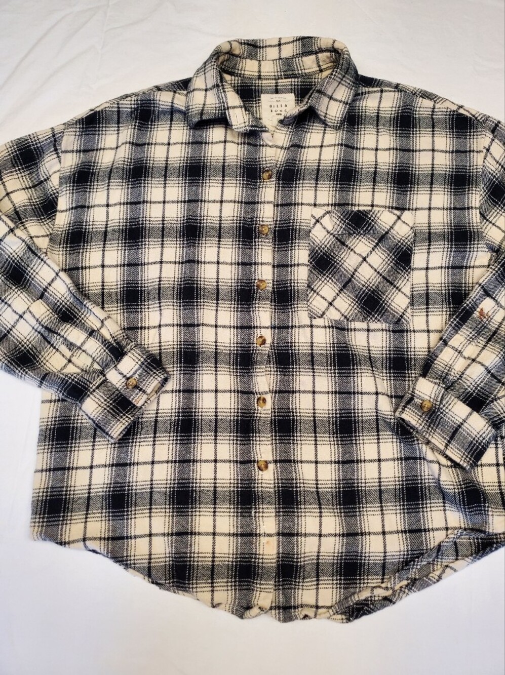 Billabong Plaid Flannel Shirt Womens S Black Cream Button Up Surf Grunge